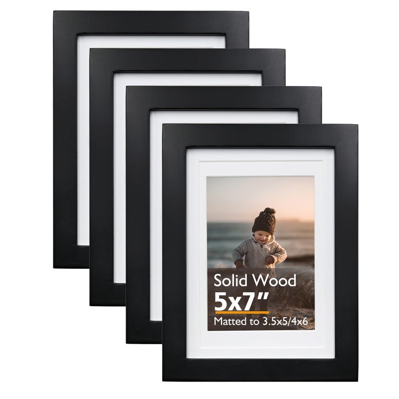KINLINK 5x7 Picture Frame Black, Solid Wood Frames 5x7 with Acrylic Plexiglass for Pictures 4x6 With Mat,Tabletop and Wall Display, 5 x 7 Picture Frame Set of 4 - Image 1